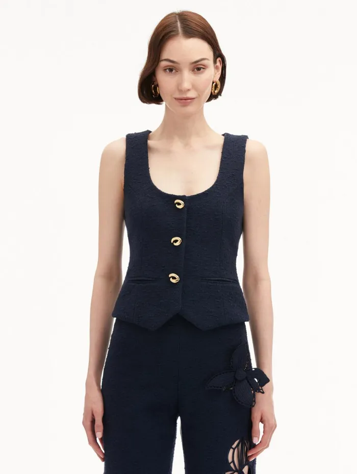 Women Jackets and Coats Oscar De La Renta O Button Cotton Tweed Vest Navy Women Jackets and Coats Oscar De La Renta O Button Cotton Tweed Vest Navy