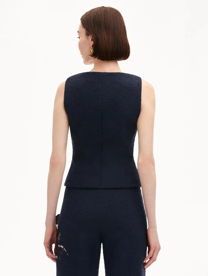 Women Jackets and Coats Oscar De La Renta O Button Cotton Tweed Vest Navy Women Jackets and Coats Oscar De La Renta O Button Cotton Tweed Vest Navy