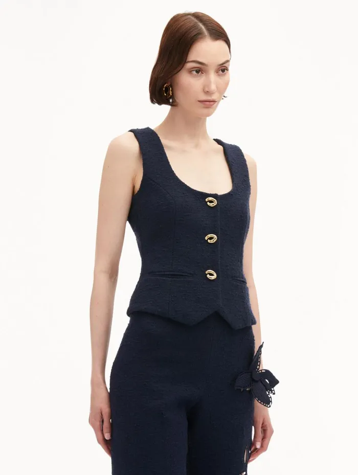 Women Jackets and Coats Oscar De La Renta O Button Cotton Tweed Vest Navy Women Jackets and Coats Oscar De La Renta O Button Cotton Tweed Vest Navy