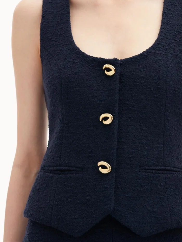 Women Jackets and Coats Oscar De La Renta O Button Cotton Tweed Vest Navy Women Jackets and Coats Oscar De La Renta O Button Cotton Tweed Vest Navy