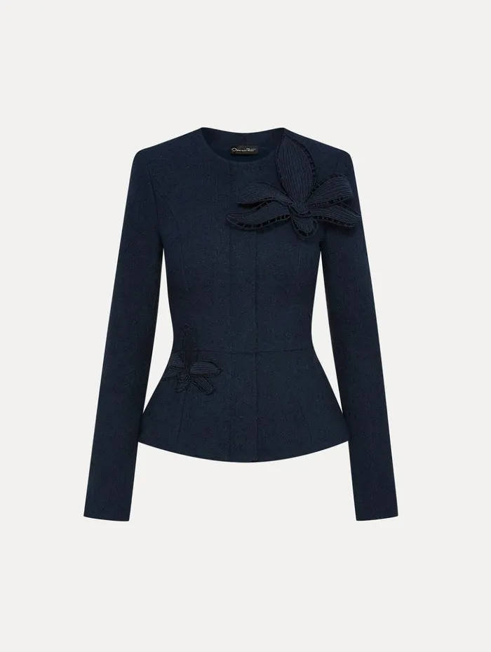 Women Jackets and Coats Oscar De La Renta Orchid Embroidered Tweed Jacket Navy