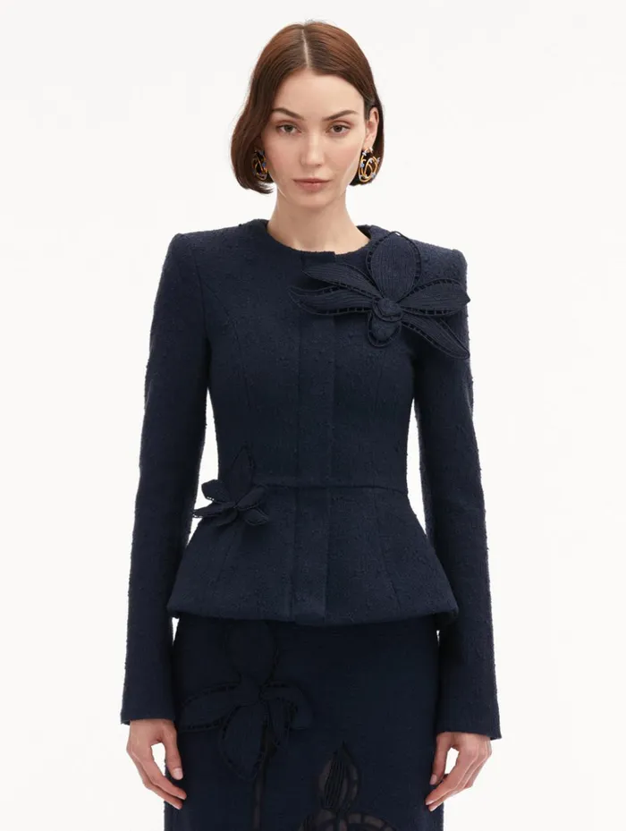 Women Jackets and Coats Oscar De La Renta Orchid Embroidered Tweed Jacket Navy Women Jackets and Coats Oscar De La Renta Orchid Embroidered Tweed Jacket Navy