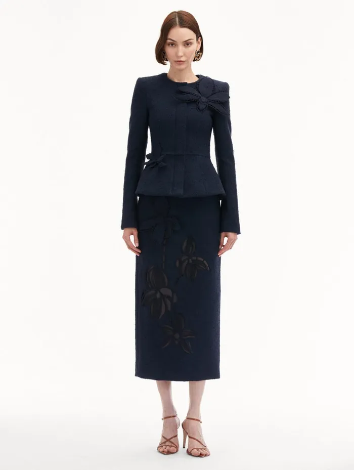 Women Jackets and Coats Oscar De La Renta Orchid Embroidered Tweed Jacket Navy Women Jackets and Coats Oscar De La Renta Orchid Embroidered Tweed Jacket Navy
