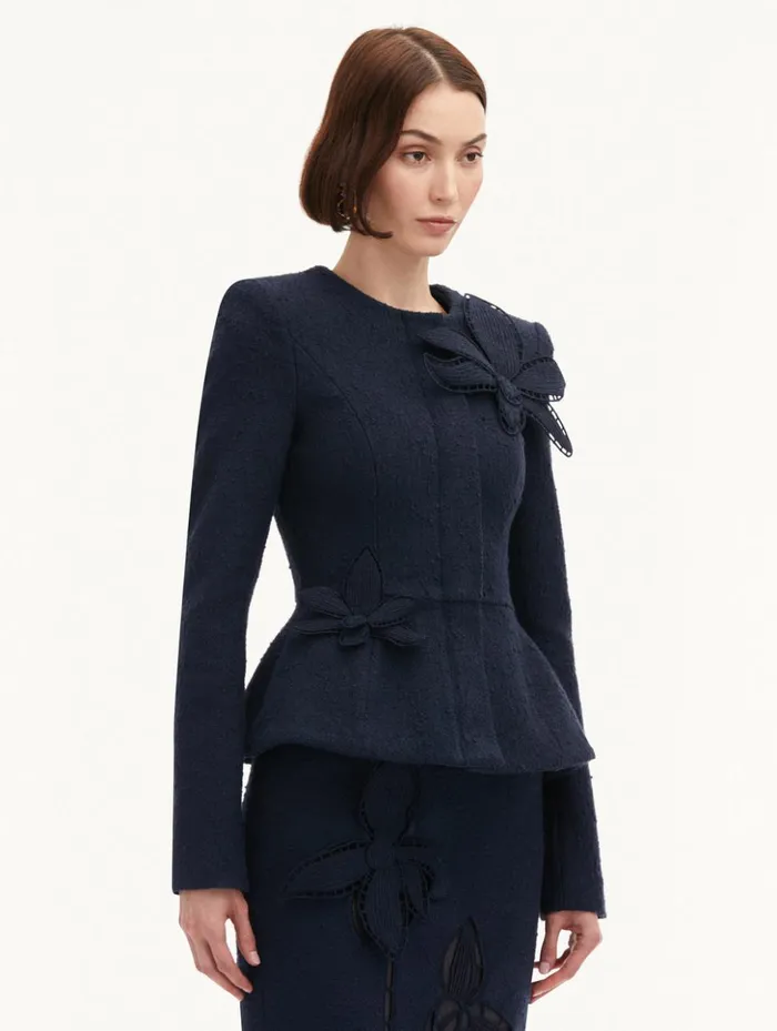Women Jackets and Coats Oscar De La Renta Orchid Embroidered Tweed Jacket Navy Women Jackets and Coats Oscar De La Renta Orchid Embroidered Tweed Jacket Navy