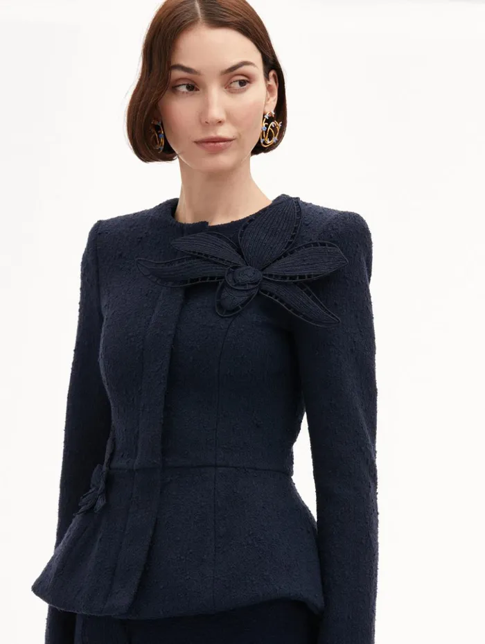 Women Jackets and Coats Oscar De La Renta Orchid Embroidered Tweed Jacket Navy Women Jackets and Coats Oscar De La Renta Orchid Embroidered Tweed Jacket Navy