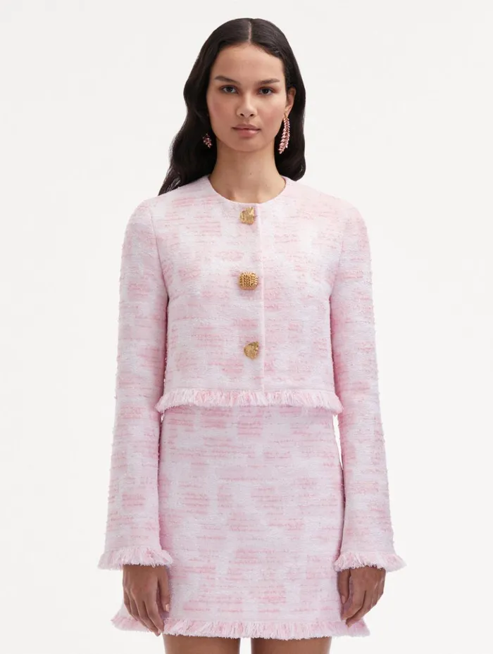 Women Jackets and Coats Oscar De La Renta Textured Tweed Jacket White Pink Women Jackets and Coats Oscar De La Renta Textured Tweed Jacket White Pink