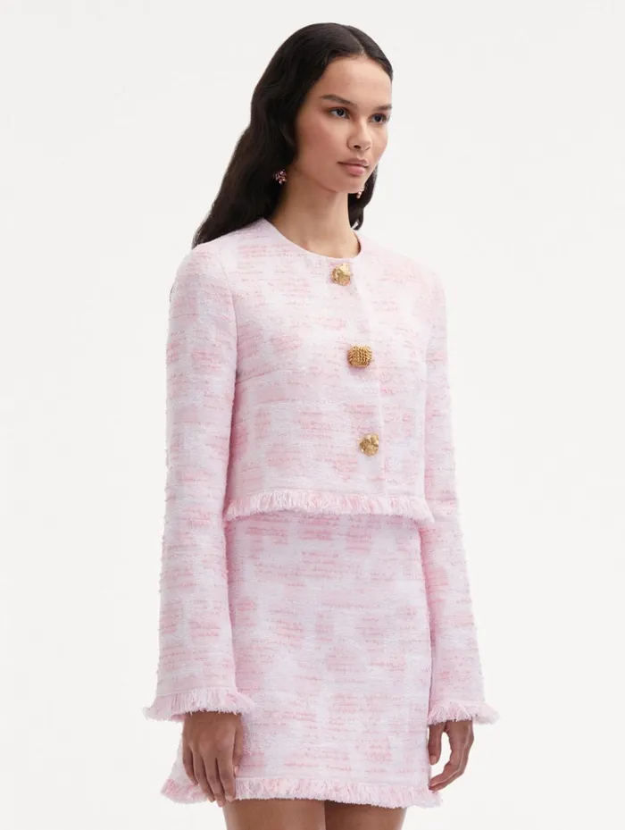 Women Jackets and Coats Oscar De La Renta Textured Tweed Jacket White Pink Women Jackets and Coats Oscar De La Renta Textured Tweed Jacket White Pink