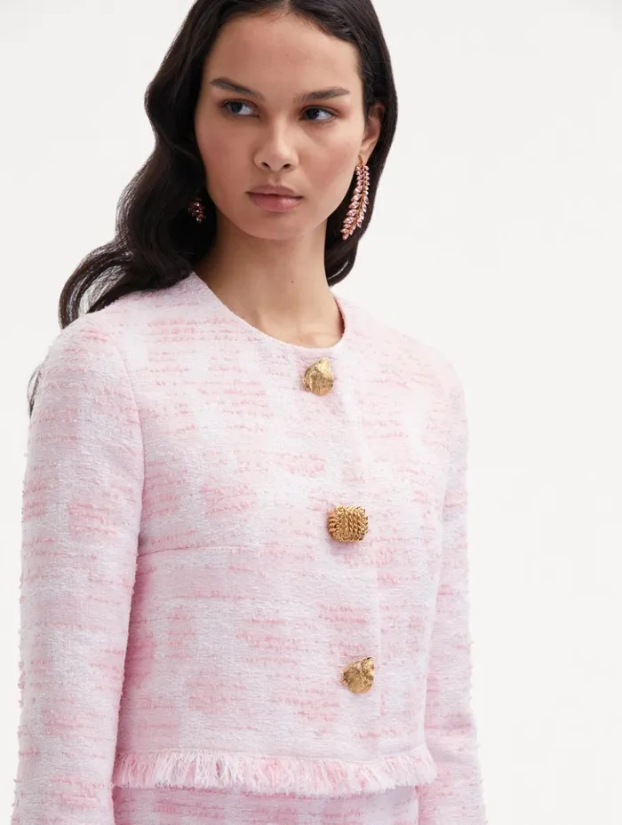 Women Jackets and Coats Oscar De La Renta Textured Tweed Jacket White Pink Women Jackets and Coats Oscar De La Renta Textured Tweed Jacket White Pink