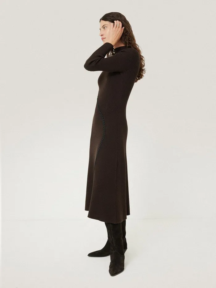 Women Lattice Trim Knitted Dress Brown Jigsaw Knitwear and Cashmere
