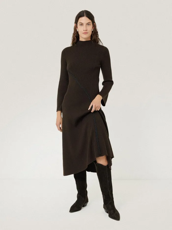 Women Lattice Trim Knitted Dress Brown Jigsaw Knitwear and Cashmere