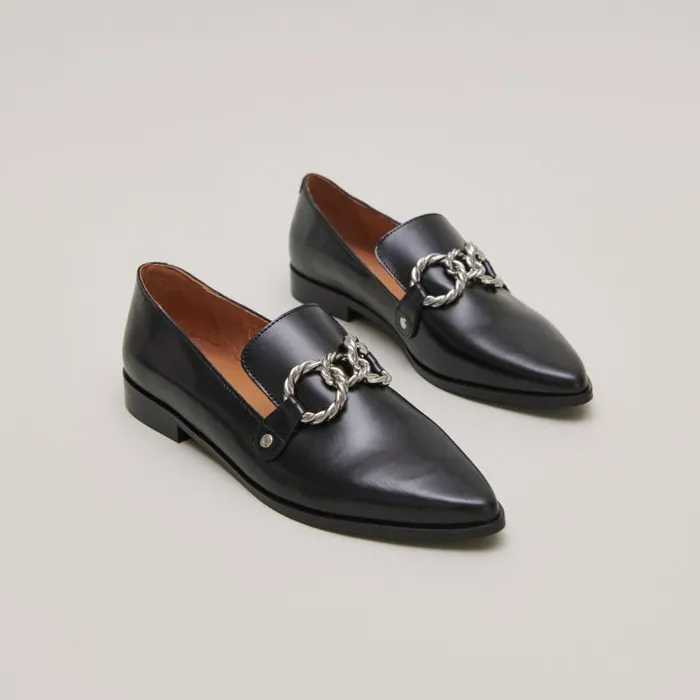 Women Loafers With Silver Buckles And Pointed Toes Black JONAK Loafers