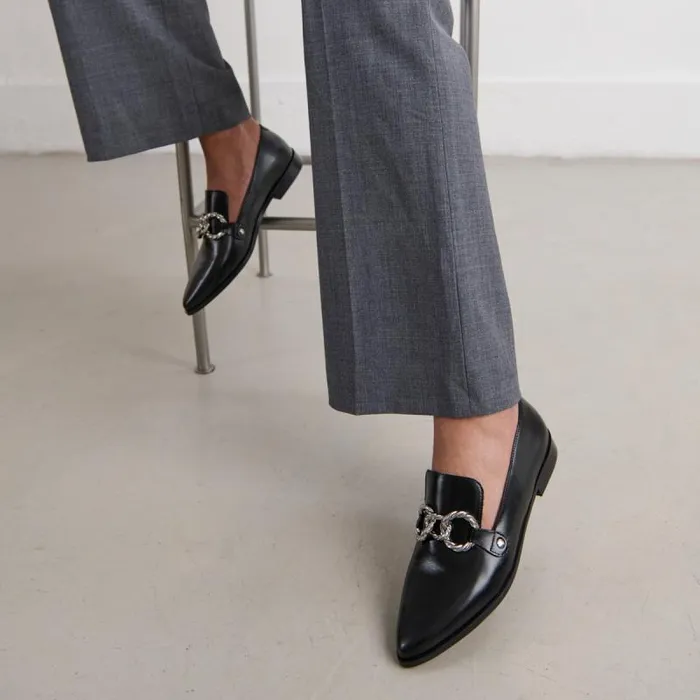 Women Loafers With Silver Buckles And Pointed Toes Black JONAK Loafers