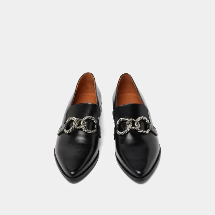 Women Loafers With Silver Buckles And Pointed Toes Black JONAK Loafers