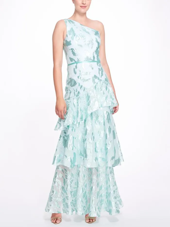 Women Marchesa Marchesa Notte One Shoulder Asymmetrical Tiered Gown Aqua