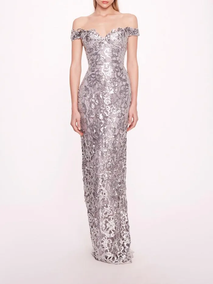 Women Marchesa Marchesa Notte Organic Neckline Sequin Gown Silver