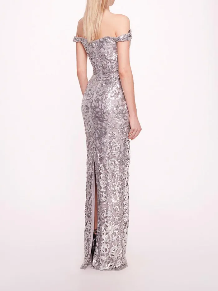 Women Marchesa Marchesa Notte Organic Neckline Sequin Gown Silver