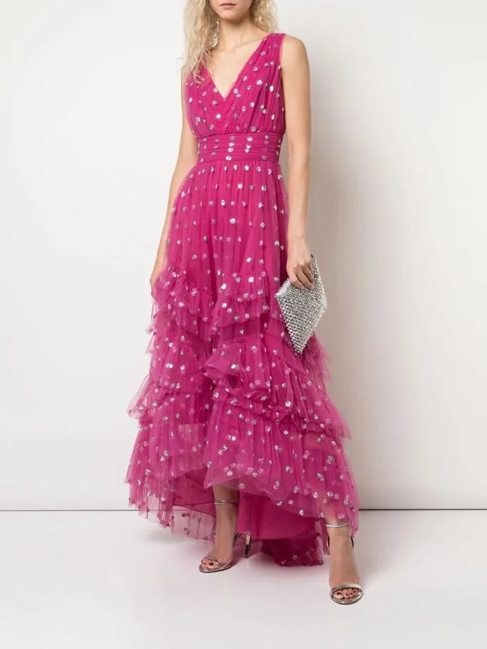 Women Marchesa Marchesa Notte Sequin Dot Texture Tea Length Dress Fuchsia