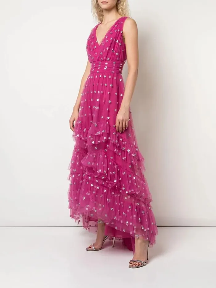 Women Marchesa Marchesa Notte Sequin Dot Texture Tea Length Dress Fuchsia