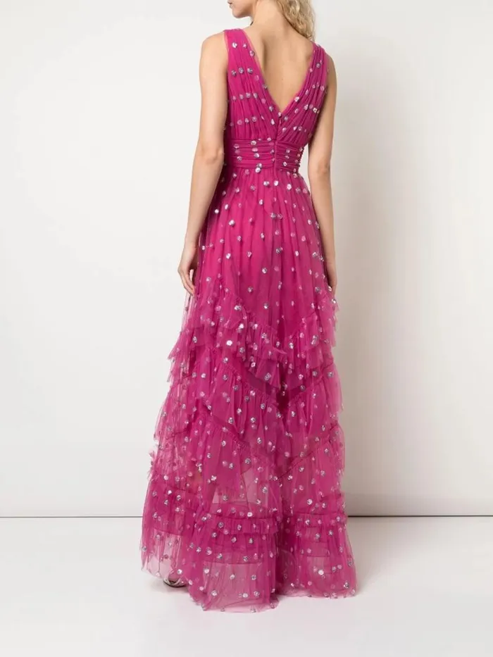 Women Marchesa Marchesa Notte Sequin Dot Texture Tea Length Dress Fuchsia