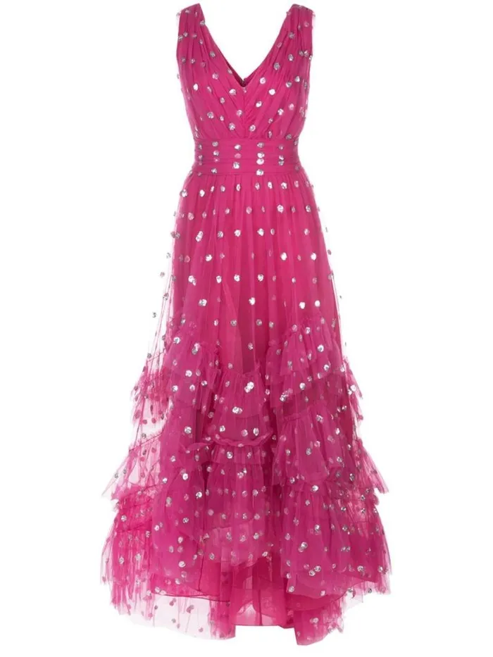 Women Marchesa Marchesa Notte Sequin Dot Texture Tea Length Dress Fuchsia