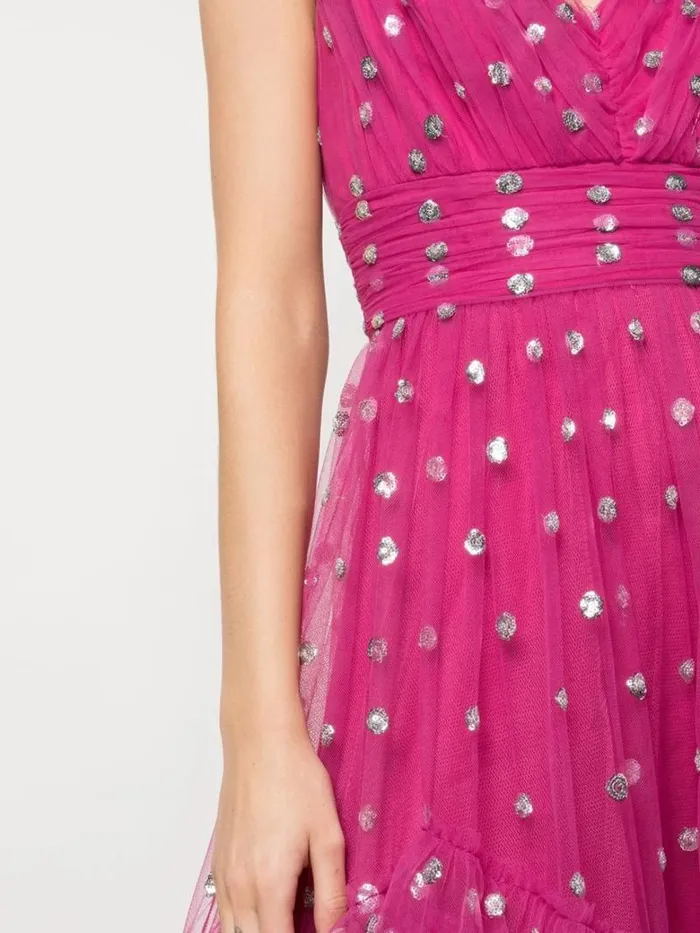 Women Marchesa Marchesa Notte Sequin Dot Texture Tea Length Dress Fuchsia