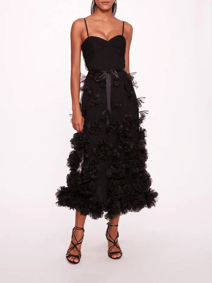 Women Marchesa Marchesa Notte Tulle Rosette Midi Dress Black