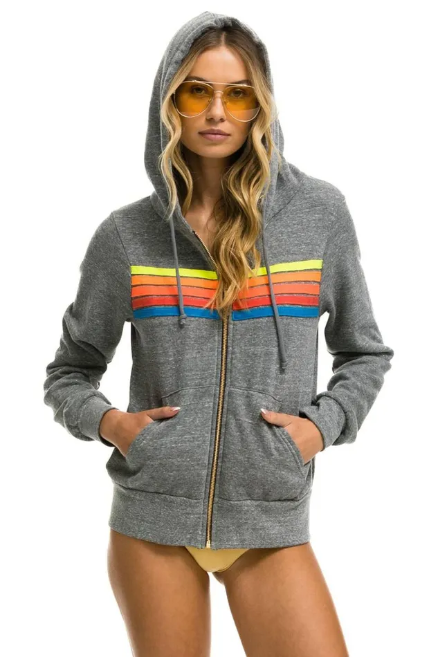 WomenMen Tops Aviator Nation 5 STRIPE HOODIE 8211 HEATHER GREY NEON RAINBOW