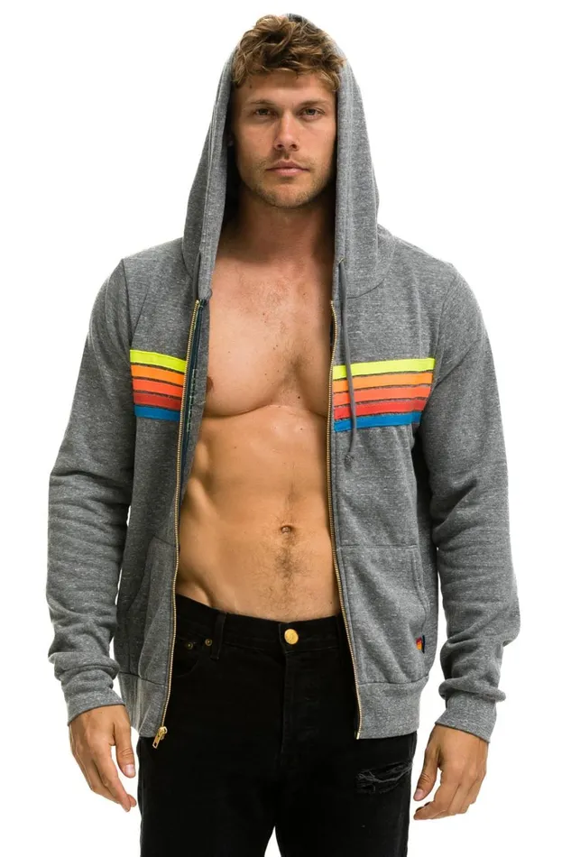 WomenMen Tops Aviator Nation 5 STRIPE HOODIE 8211 HEATHER GREY NEON RAINBOW WomenMen Tops Aviator Nation 5 STRIPE HOODIE 8211 HEATHER GREY NEON RAINBOW