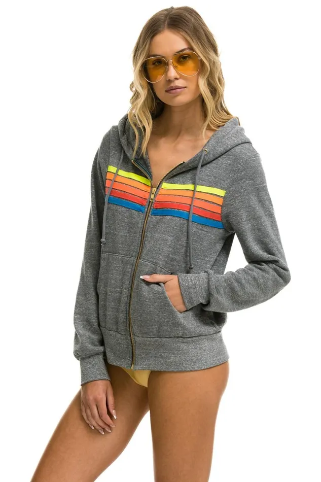 WomenMen Tops Aviator Nation 5 STRIPE HOODIE 8211 HEATHER GREY NEON RAINBOW WomenMen Tops Aviator Nation 5 STRIPE HOODIE 8211 HEATHER GREY NEON RAINBOW