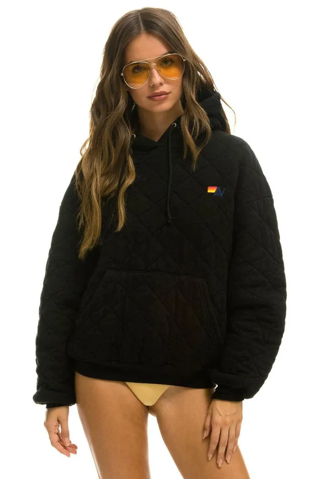 WomenMen Tops Aviator Nation QUILTED RELAXED PULLOVER HOODIE 8211 BLACK