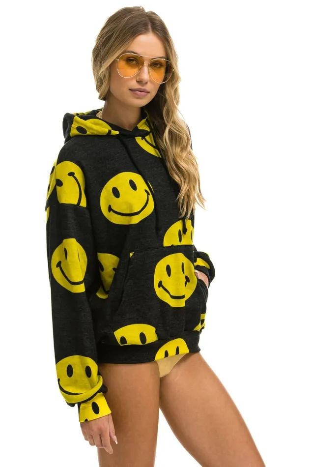 WomenMen Tops Aviator Nation SMILEY REPEAT RELAXED PULLOVER HOODIE 8211 BLACK