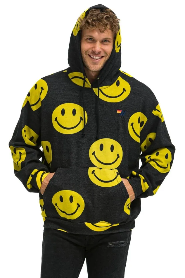 WomenMen Tops Aviator Nation SMILEY REPEAT RELAXED PULLOVER HOODIE 8211 BLACK