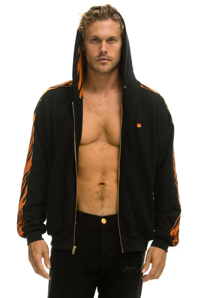WomenMen Tops Aviator Nation TIGER STRIPE RELAXED ZIP HOODIE WITH POCKETS 8211 BLACK TIGER