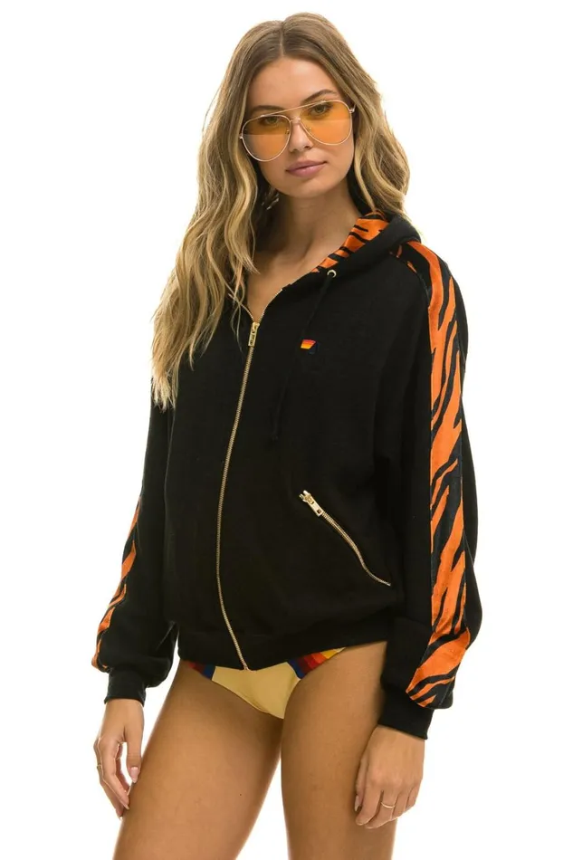 WomenMen Tops Aviator Nation TIGER STRIPE RELAXED ZIP HOODIE WITH POCKETS 8211 BLACK TIGER