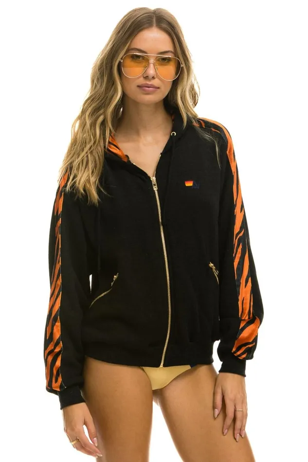 WomenMen Tops Aviator Nation TIGER STRIPE RELAXED ZIP HOODIE WITH POCKETS 8211 BLACK TIGER