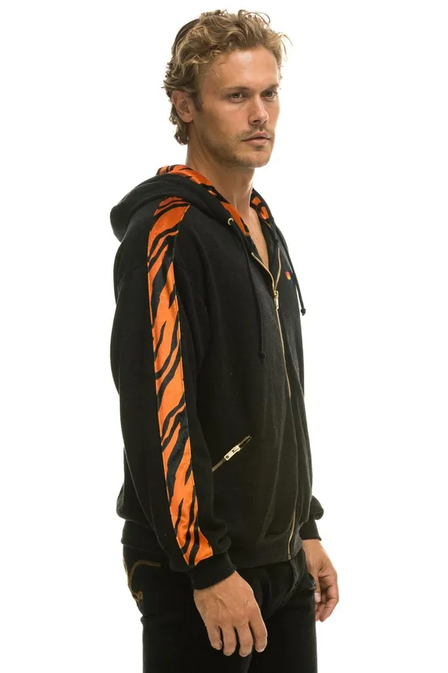 WomenMen Tops Aviator Nation TIGER STRIPE RELAXED ZIP HOODIE WITH POCKETS 8211 BLACK TIGER