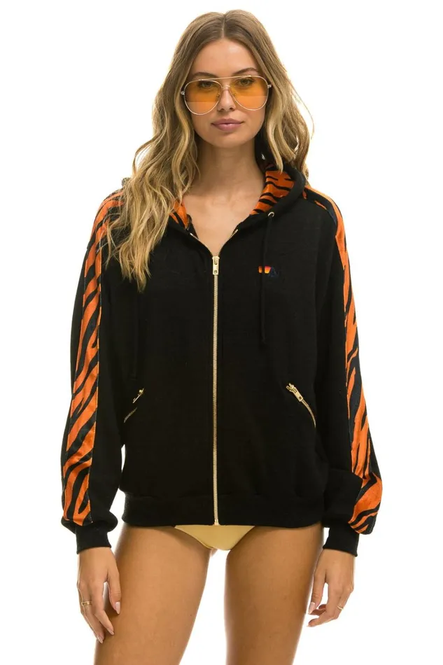 WomenMen Tops Aviator Nation TIGER STRIPE RELAXED ZIP HOODIE WITH POCKETS 8211 BLACK TIGER