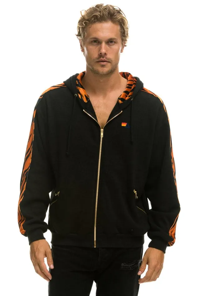WomenMen Tops Aviator Nation TIGER STRIPE RELAXED ZIP HOODIE WITH POCKETS 8211 BLACK TIGER