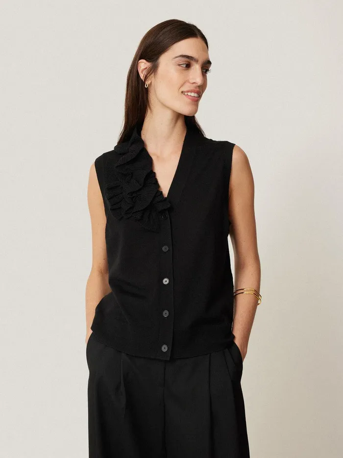 Women Merino Ruffle Waistcoat Black Jigsaw Party