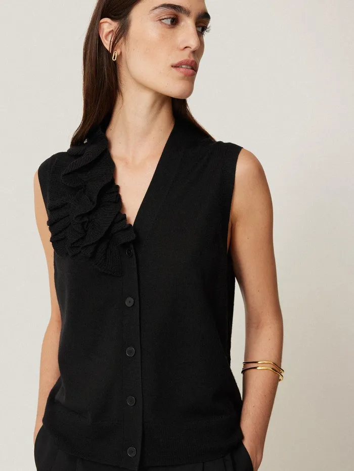 Women Merino Ruffle Waistcoat Black Jigsaw Party
