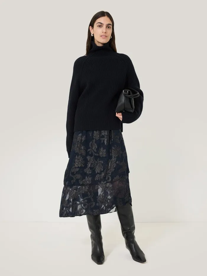 Women Metallic Jacquard Midi Skirt Navy Jigsaw Coords