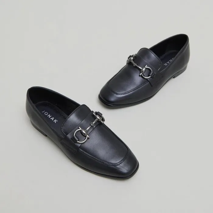 Women Moccasins With Square Bits And Boxes Black JONAK Loafers