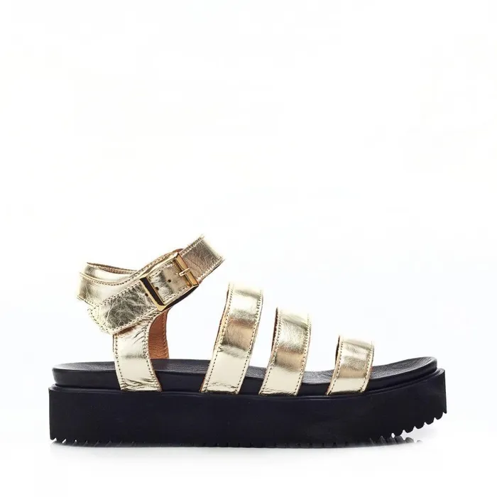 Women Moda In Pelle Flatform Sandals Bsoleful BRocker Gold Leather