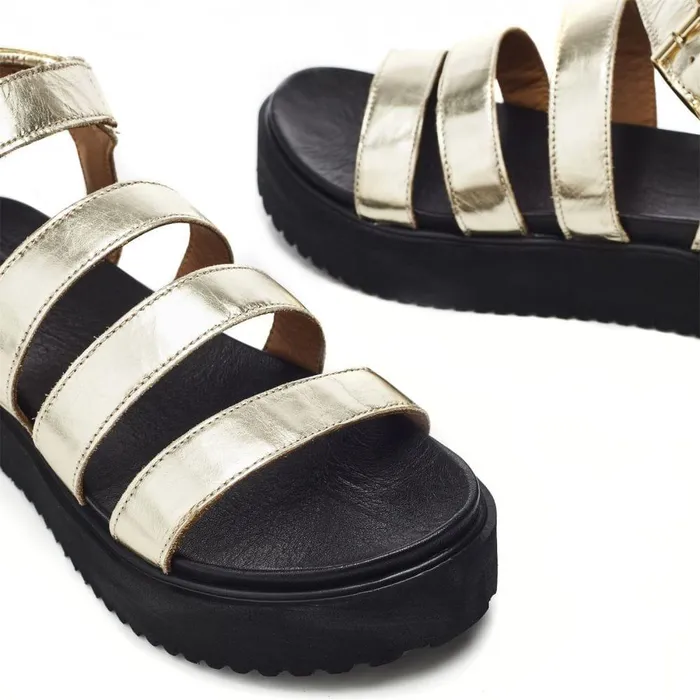 Women Moda In Pelle Flatform Sandals Bsoleful BRocker Gold Leather