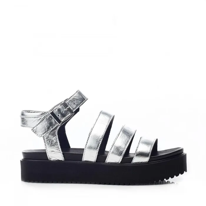 Women Moda In Pelle Flatform Sandals Bsoleful BRocker Silver Leather