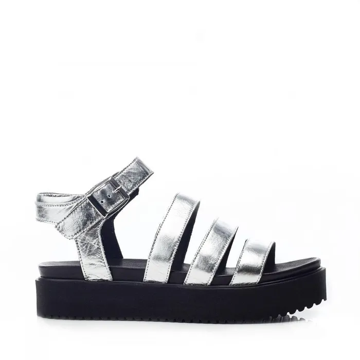 Women Moda In Pelle Flatform Sandals Bsoleful BRocker Silver Leather