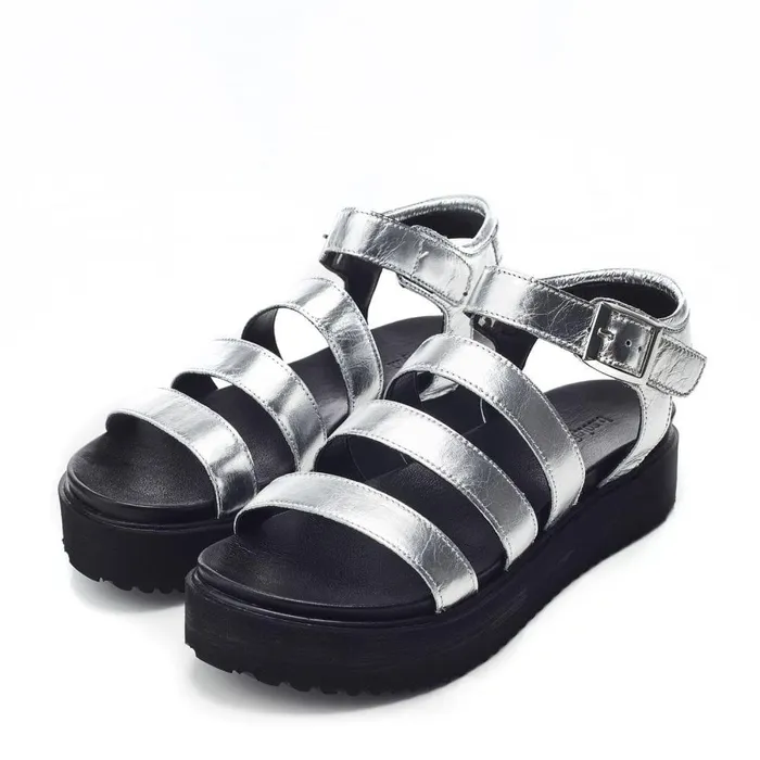 Women Moda In Pelle Flatform Sandals Bsoleful BRocker Silver Leather