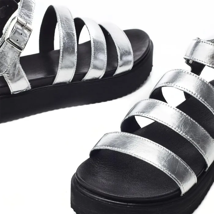 Women Moda In Pelle Flatform Sandals Bsoleful BRocker Silver Leather