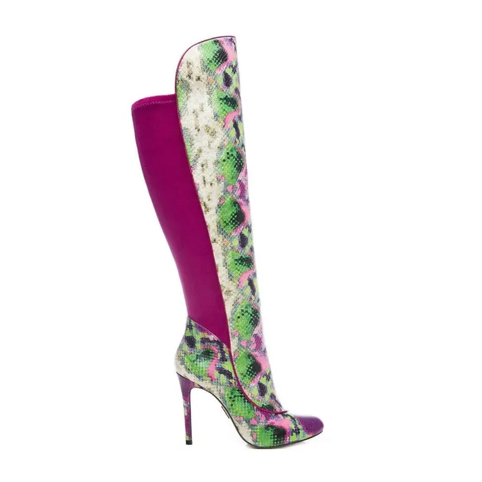 Women Moda In Pelle Knee High Boots Savi Purple Snake Print Leather