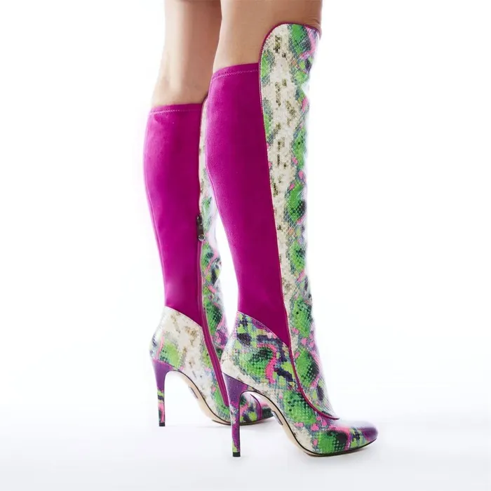 Women Moda In Pelle Knee High Boots Savi Purple Snake Print Leather
